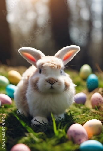 White Easter bunny rabbits in different poses and pastel Easter eggs vector illustration