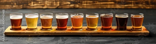 A wooden flight of ten different beers. The beers range in color from light yellow to dark brown.
