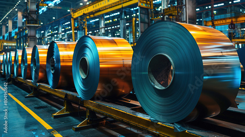 A Close Up of Factory with Rolls of Steel Industrial photography capturing steel manufacturing, machinery, and heated coils.





 photo