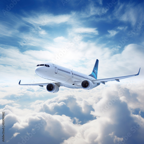 Aircraft mid-flight with sunlight on a clear day, over a sea of clouds