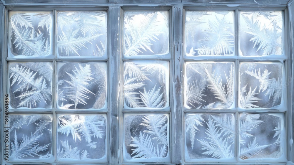 A winter window pane covered in intricate frost patterns. A winter window pane covered in intricate frost patterns.