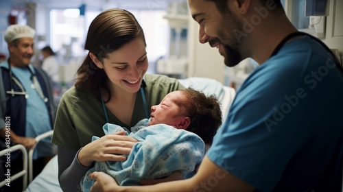 Joyful expressions on the faces of a young family as they cuddle their newborn baby in the maternity hospital, a new chapter of their lives begins.