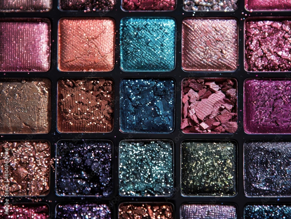 A close-up image of a makeup palette with various colors of eyeshadow A close-up image of a makeup palette with various colors of eyeshadow