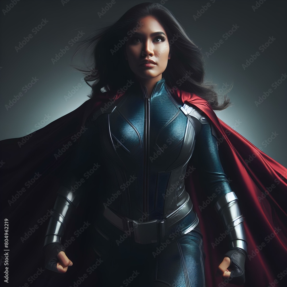 Bellow view of powerful superhero woman in costume with cape, looking imposing and fearless. Bellow view of powerful superhero woman in costume with cape, looking imposing and fearless.