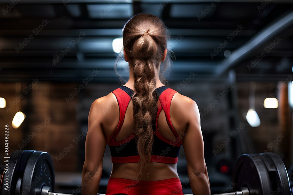 Back view of sporty slim woman holding heavy weight in gym. Back view of sporty slim woman holding heavy weight in gym.