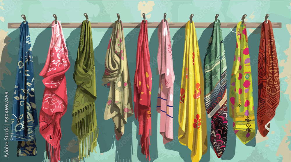 Hangers with beautiful scarves on color wall Vector style