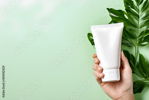 Cream and body lotion promotion with white blank tube of cream in woman hand on green plants background.