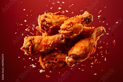 crispy and crunchy fried chicken surrounded by spices flying in the air against a plain red background.