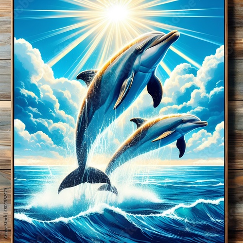 Dolphins jumping out of the water poster.