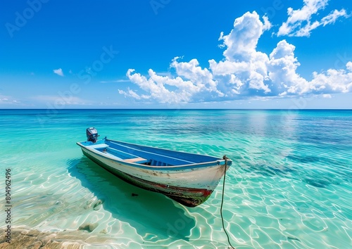 Serene Tropical Seascape with Single Boat on Crystal Clear Water © Qstock