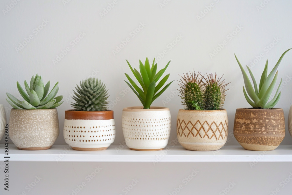 A series of minimalist ceramic plant pots with geometric patterns, arranged in a row on a white shelf, showcasing their modern aesthetic. A series of minimalist ceramic plant pots with geometric patterns, arranged in a row on a white shelf, showcasing their modern aesthetic.