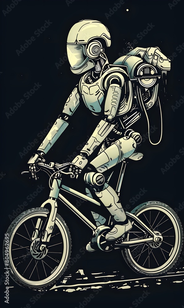 Fototapeta premium Illustration of a robot riding a bicycle, white and black background, generative AI