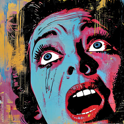Colorful Old-Fashion Pop Art of a Woman Screaming Close-up