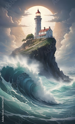 Giant water wave crashing into rock with lighthouse on top.