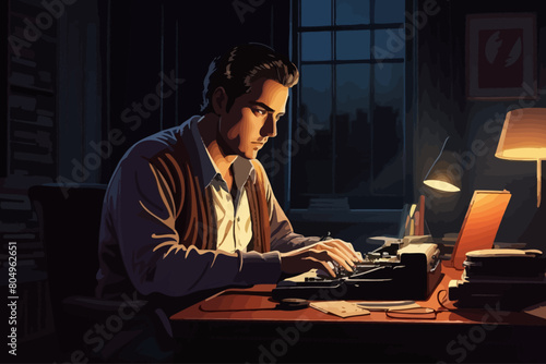 novels writer sits in his room typing illustration