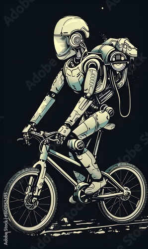 Illustration of a robot riding a bicycle, white and black background, generative AI
