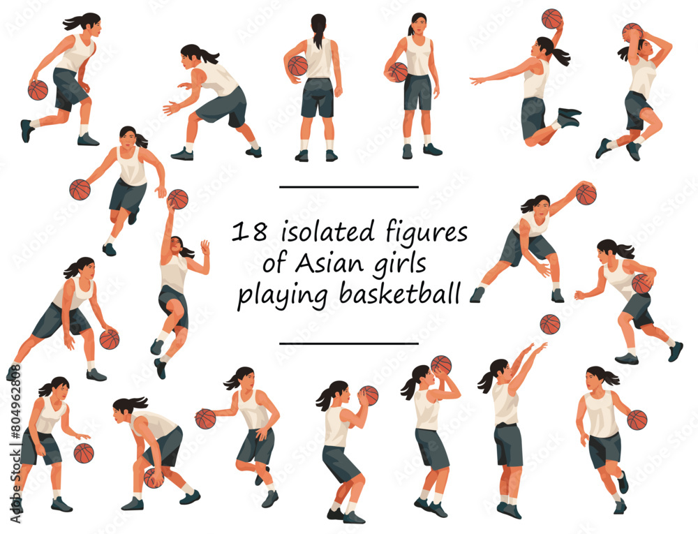 18 Asian women's basketball girl players in white uniforms standing with the ball, running, jumping, throwing, shooting, passing the ball