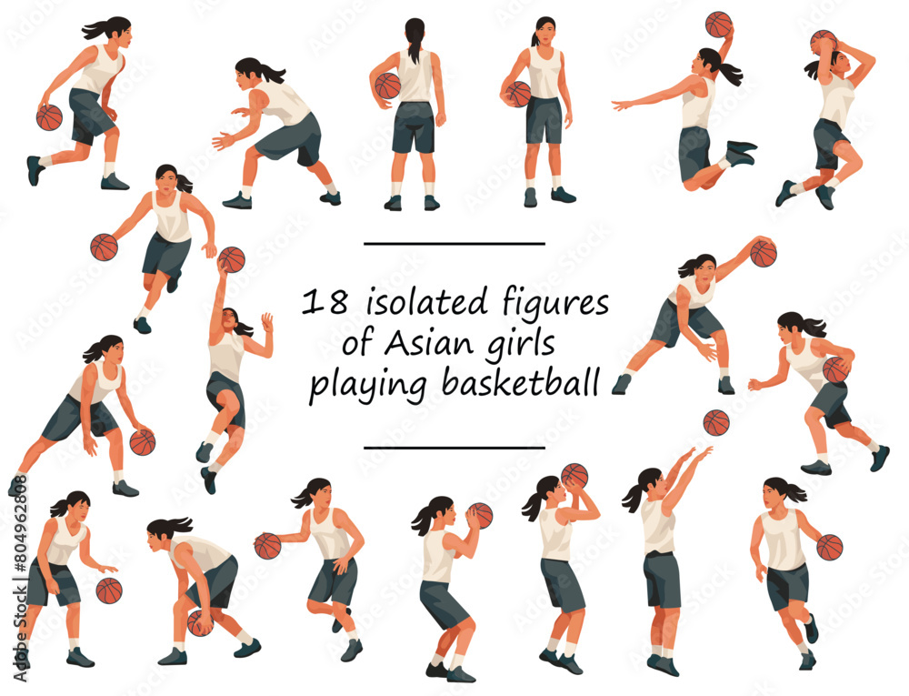 18 Asian women's basketball girl players in white uniforms standing with the ball, running, jumping, throwing, shooting, passing the ball 18 Asian women's basketball girl players in white uniforms standing with the ball, running, jumping, throwing, shooting, passing the ball