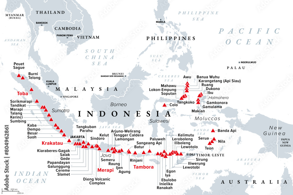Major volcanoes in Indonesia, political map. Southeast Asian country dominated by volcanoes, formed by subduction zones, and part of Ring of Fire. Most notable are Krakatau, Merapi, Tambora and Toba.