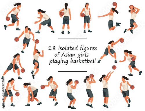 18 Asian women s basketball girl players in white uniforms standing with the ball  running  jumping  throwing  shooting  passing the ball