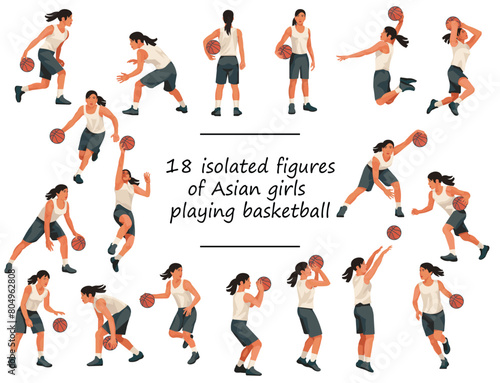 18 Asian women's basketball girl players in white uniforms standing with the ball, running, jumping, throwing, shooting, passing the ball