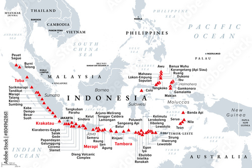 Major volcanoes in Indonesia, political map. Southeast Asian country dominated by volcanoes, formed by subduction zones, and part of Ring of Fire. Most notable are Krakatau, Merapi, Tambora and Toba. photo