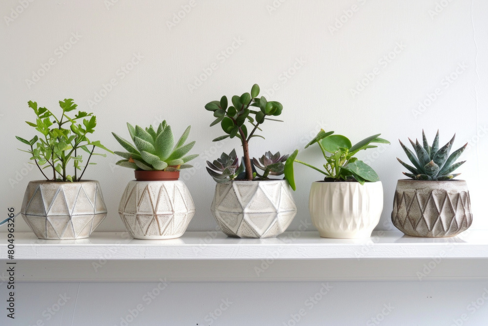 A series of minimalist ceramic plant pots with geometric patterns, arranged in a row on a white shelf, showcasing their modern aesthetic. 