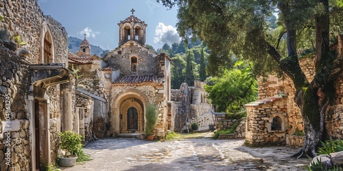 Ancient abbeys in a place resembling Crete or Greece. photo