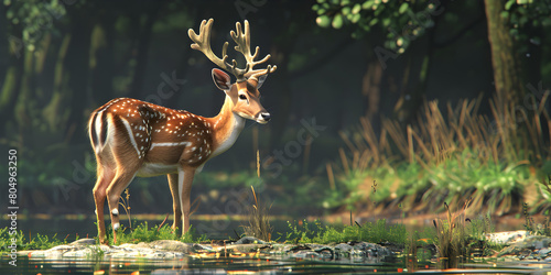  Wildlife deer on a lake and green forest in the background, Beautiful deer in the forest Wildlife scene from nature Deer in the forest , Autumn's Beauty Blurred Forest background 