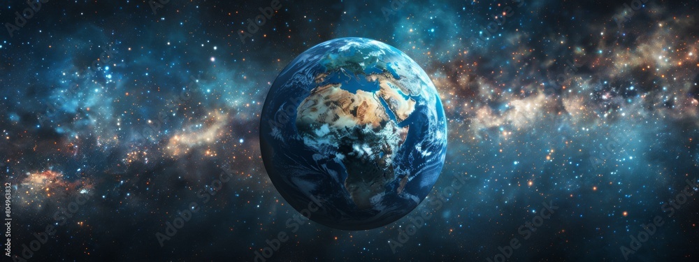 Naklejka premium The earth in space, against a galaxy background with stars.
