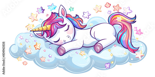 Cute unicorn with rainbow hair. Cute sleeping unicorn cartoon in pink clouds  isolated on white.