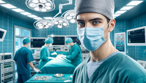  professional surgeon in a high-tech operating room, in the midst of a complex surgery.