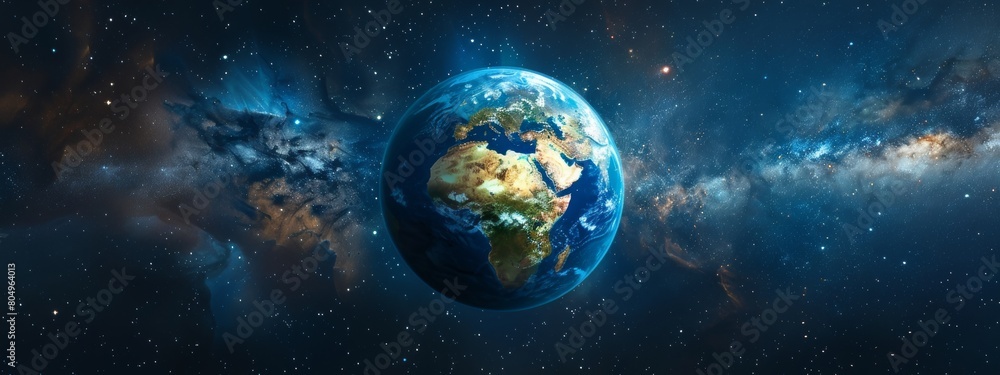 Obraz premium The earth in space, against a galaxy background with stars.