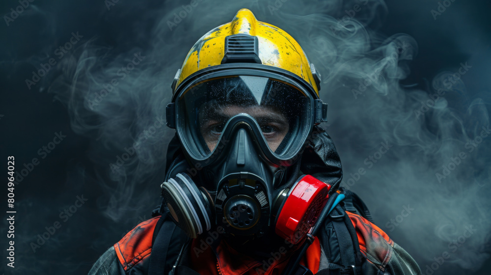 A person fully equipped in protective gear and gas mask stands surrounded by smoke in a dimly lit room. A person fully equipped in protective gear and gas mask stands surrounded by smoke in a dimly lit room.