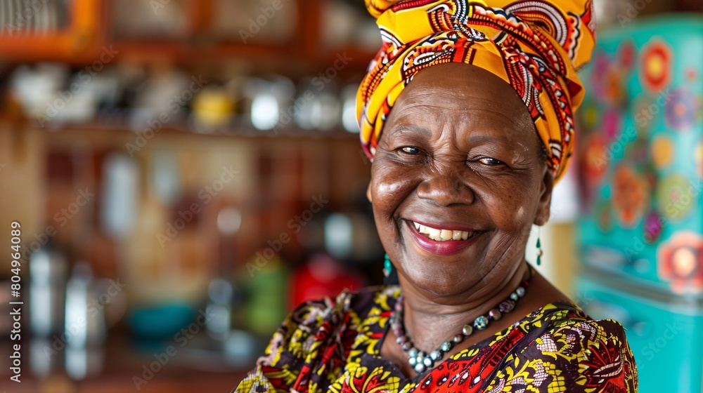 Fototapeta premium Capturing a joyful, contented older woman in her home, dressed in vibrant traditional African garments to celebrate Mother's Day.