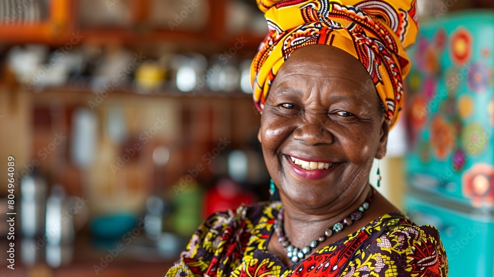 Capturing a joyful, contented older woman in her home, dressed in vibrant traditional African garments to celebrate Mother's Day.