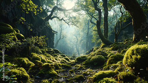 A Mosaic of Light And Shadow On The Ground Covered With A Lush Carpet Of Moss Landscape Background