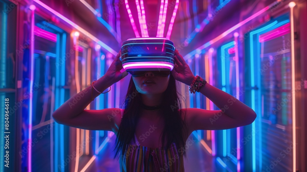 A clever woman stands in a neon-lit room, wearing a virtual reality headset and using her hands to interact with a futuristic digital world. Illusion. A clever woman stands in a neon-lit room, wearing a virtual reality headset and using her hands to interact with a futuristic digital world. Illusion.