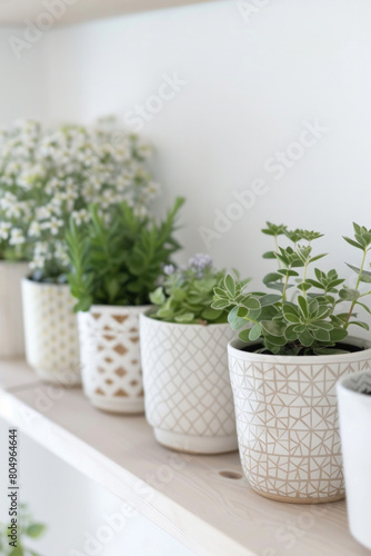 Wallpaper Mural A series of minimalist ceramic plant pots with geometric patterns, arranged in a row on a white shelf, showcasing their modern aesthetic.  Torontodigital.ca
