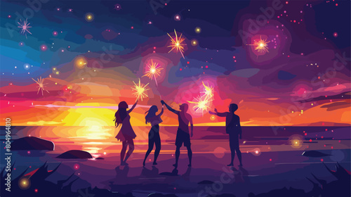 Happy friends with sparklers on sea beach at resort Vector