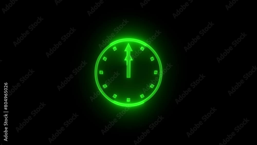Twelve O'clock icon glowing neon green color animation black background Twelve O'clock icon glowing neon green color animation black background