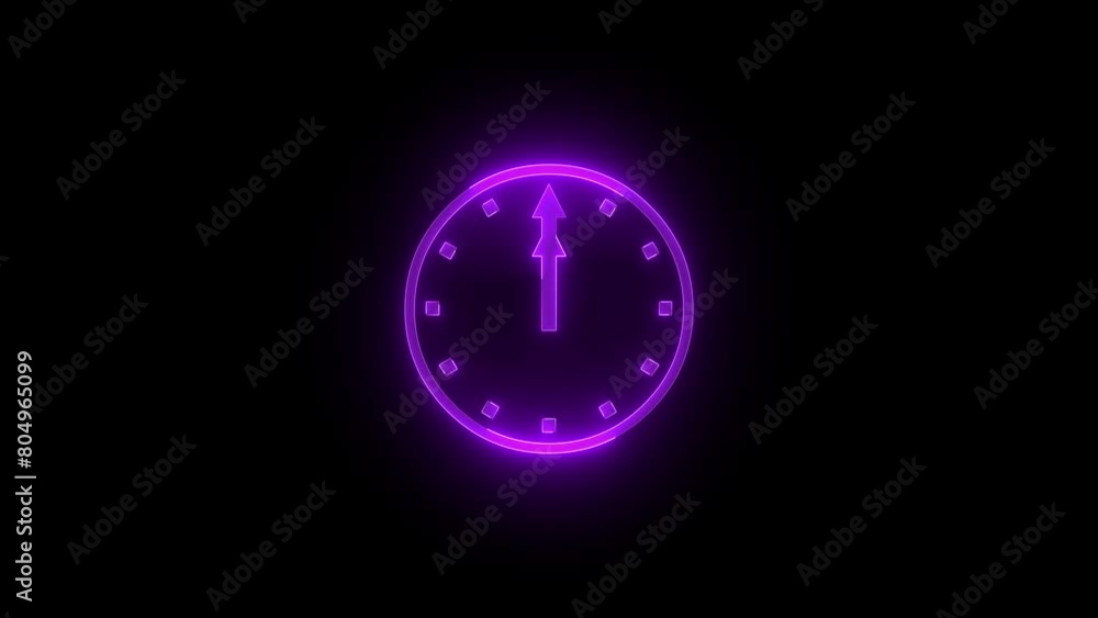 Twelve O'clock icon glowing neon purple color animation black background Twelve O'clock icon glowing neon purple color animation black background