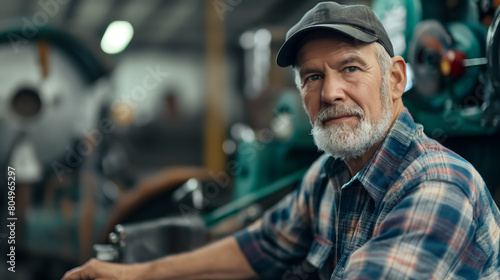 Seasoned elderly man in a plaid shirt and cap sits in a workshop, surrounded by industrial machinery, looking confident and experienced.
