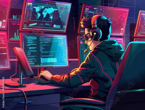 A hacker in a dark room wearing a hoodie and headphones is typing on a computer with multiple screens. photo