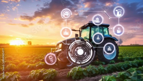Wallpaper Mural Futuristic digital interface icons overlaid on tractor in agricultural field at sunset, depicting concept of modern smart farming technology and innovation.
 Torontodigital.ca
