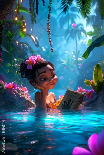 Moana is reading a book in a beautiful lagoon.