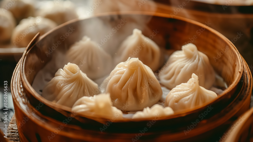 Aromatic and hot dumplings captured steaming in a traditional bamboo steamer, perfect for a savory meal, showcased in a rustic setting. Aromatic and hot dumplings captured steaming in a traditional bamboo steamer, perfect for a savory meal, showcased in a rustic setting.