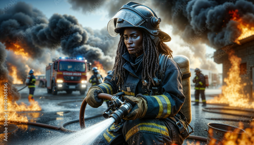 photorealistic image of a female African firefighter intensely focused while extinguishing a fire