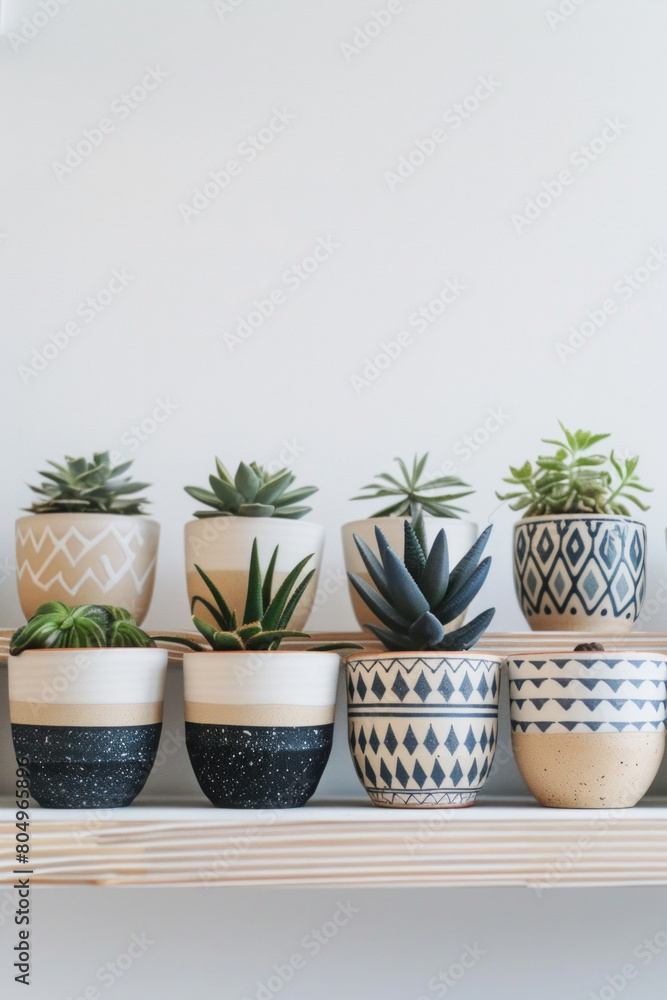 A series of minimalist ceramic plant pots with geometric patterns, arranged in a row on a white shelf, showcasing their modern aesthetic. A series of minimalist ceramic plant pots with geometric patterns, arranged in a row on a white shelf, showcasing their modern aesthetic.