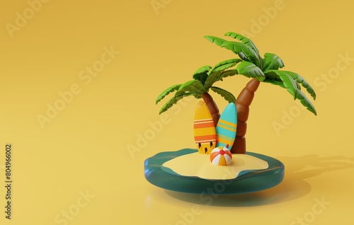 Surf's Up of Surfing Board in Tropical Paradise. 3D render